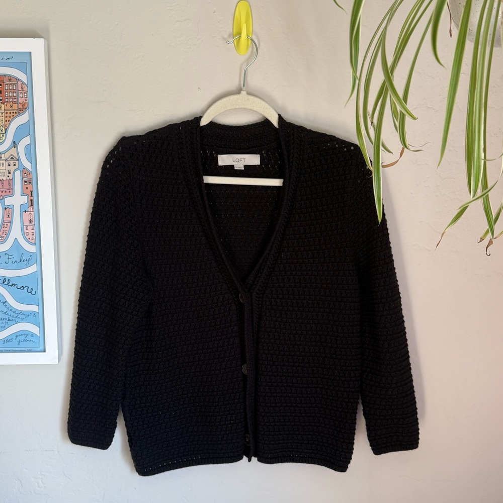 LOFT Black Open-Knit V-Neck Button Cardigan